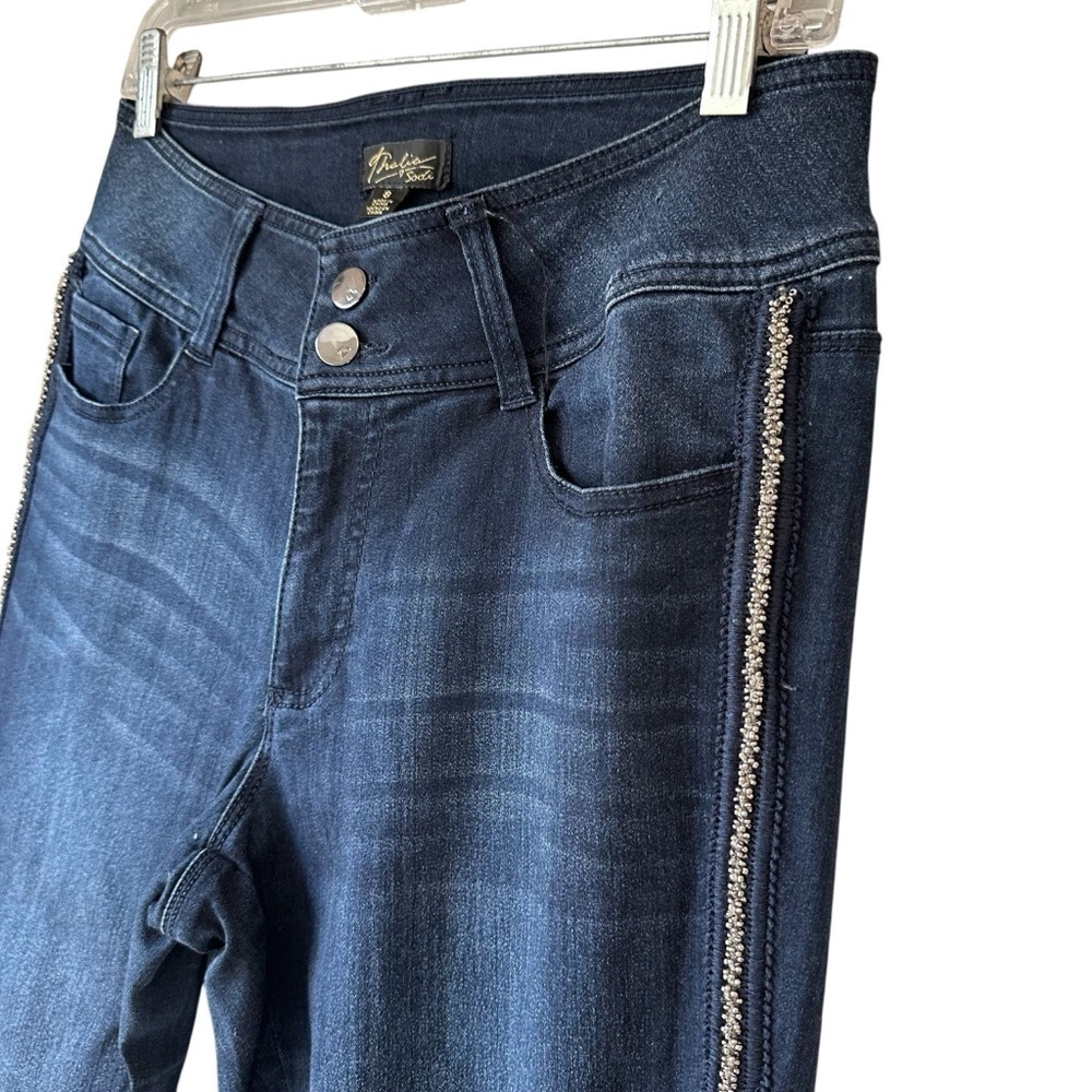 Thalia Sodi Embellished Side Stripe Blue Denim Jeans, 8